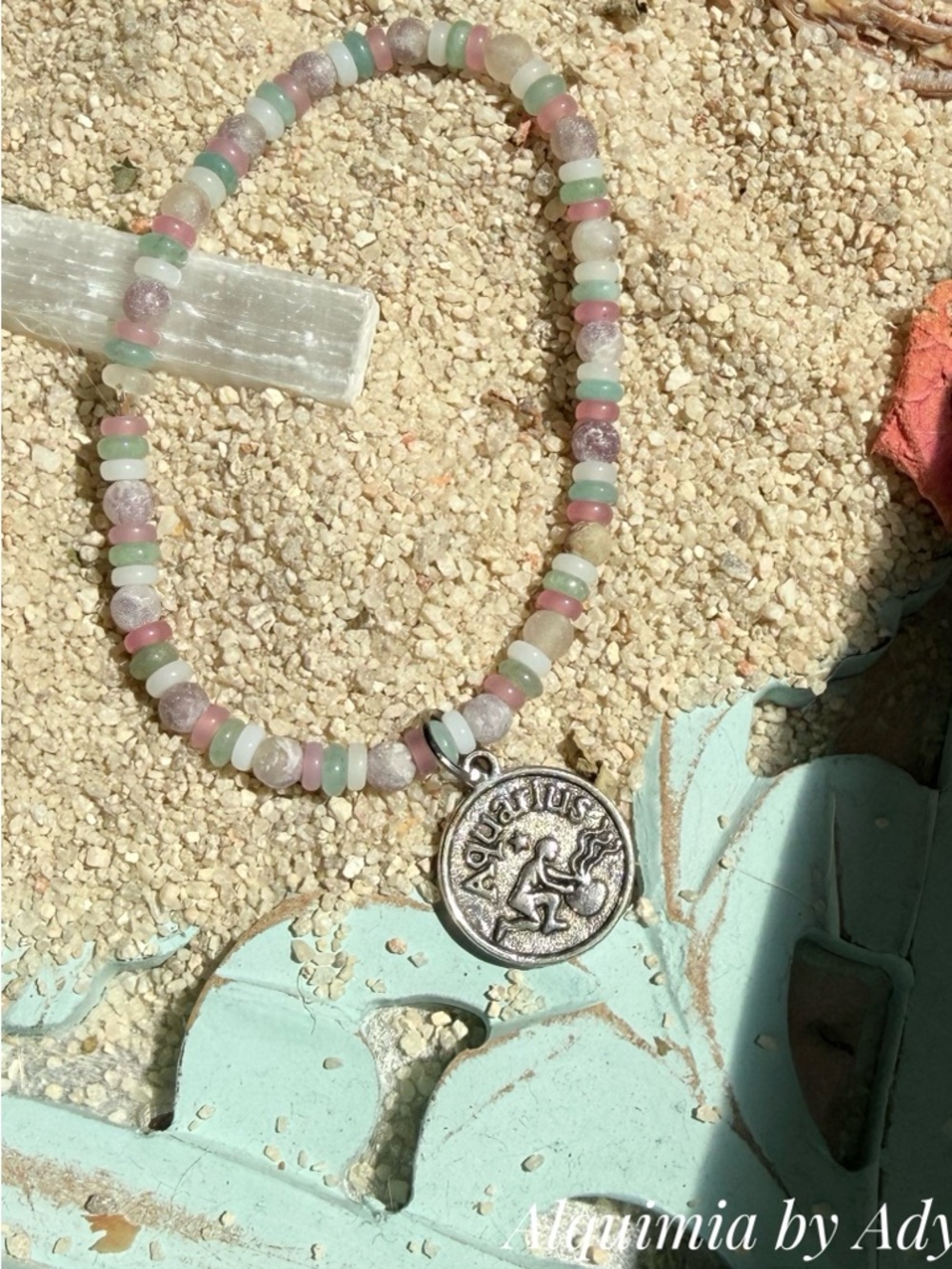 Aventurine amethyst Pastel Pink & Mint Aquarius Charm Beaded bracelet